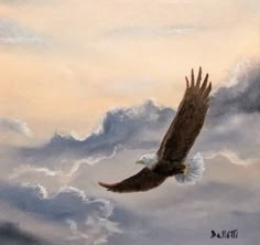 a painting of an eagle soaring through the clouds