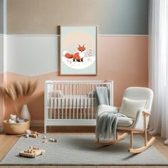 a baby's room with a rocking chair, crib and rug