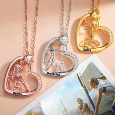 three personalized necklaces with the names of two women and one man on them