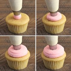 four pictures of cupcakes with pink frosting being piped into the icing