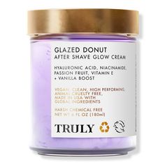 Glazed Donut After Shave Glow Cream -  A rich body butter that hydrates, softens, and soothes with hyaluronic acid, niacinamide, and vitamin E. Truly's Glazed Donut After Shave Glow Cream protects your freshly shaved skin all day long while quelling razor burn and ingrowns. Use it everywhere for day-long luminosity.    Key Ingredients     Hyaluronic Acid replenishes and holds cell moisture for plump, hydrated skin. Vitamin E conditions and hydrates while protecting the lipid barrier and calming Vanilla Fruit, Hydrated Skin, Donut Glaze, Body Moisturizer