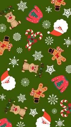 seamless christmas pattern with santa, reindeer and snowflakes on dark green background