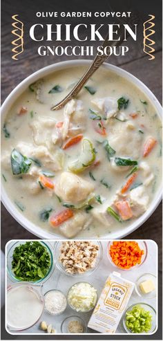 chicken gnocchi soup in a white bowl with carrots and celery