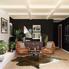 a living room with two chairs and a coffee table in front of a black wall