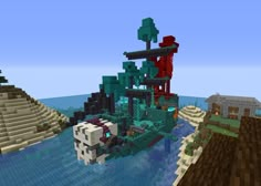 an image of a pirate ship in the ocean with rocks and water on it's sides