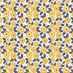 an orange and blue flower pattern on a white background, with small yellow flowers in the center