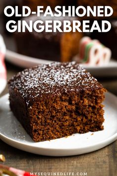 a slice of old - fashioned gingerbread cake on a plate