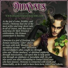 A graphic about Dionysus featuring an image of a horned man, from Inked Goddess Creations. Hellenic Witch, Ancestral Work, Greek Feast, Funny Name Generator, Dionysus God, Greek Festival, Pergola Planter, Goddess Magick, Witchcraft Herbs