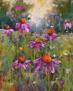 an oil painting of purple flowers in a field with yellow and red bugs on them