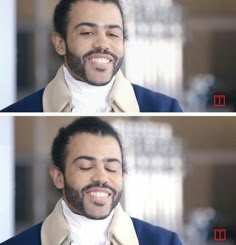 two pictures of a man with his eyes closed and the same person smiling at him