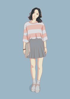 a girl in a striped shirt and skirt