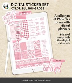 the digital sticker set includes pink and white designs, including a tablet with a pen