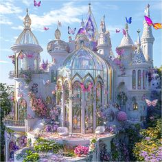 a fairy castle with lots of flowers and butterflies