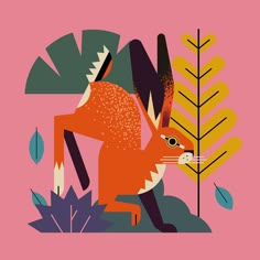 an orange fox standing in the middle of some plants and leaves on a pink background