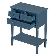 a blue wooden table with two drawers on one side and an open drawer on the other