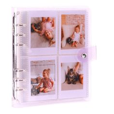 a photo album with four pictures of children and cats