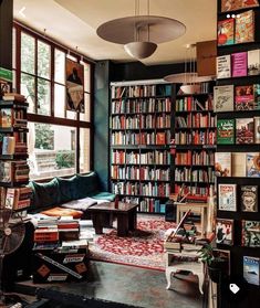 a living room filled with lots of books on top of a book shelf next to a window