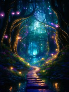 a path leading through a forest with glowing lights on it's sides and trees in the background