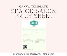 a spa or salon price sheet with the words, logo and business name on it