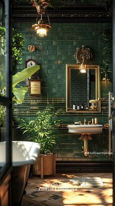 a bathroom with green tiles and plants in the shower area, along with a claw foot tub