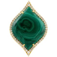 This beautiful ring has been meticulously crafted from 14-karat gold, 11.2 carats malachite and 0.84 carats diamonds. The ring is a size 7 and may be resized to larger or smaller upon request. FOLLOW MEGHNA JEWELS storefront to view the latest collection & exclusive pieces. Meghna Jewels is proudly rated as a Top Seller on 1stDibs with 5 star customer reviews. All items manufactured by us are handmade and can be customized or redesigned. Composition Size-US-7 Total Weight-7.48 Gold Weight(Gms)-5 Malachite Rings, Fancy Rings, Yellow Gold Jewelry, Unusual Jewelry, Pave Ring, Emerald Jewelry, Beautiful Ring, Cocktail Ring, Cocktail Rings