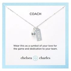 Product Description This Tennis Coach charm necklace was designed as a symbol of dedication to team and sport. Sterling silver plated tennis ball charm (8mm) and reversible COACH tag (.35 x .7") on an 18" sterling silver chain. Makes a thoughtful gift for any tennis coach. Coach Necklace, Softball Coach Gifts, Tennis Coach Gift, Volleyball Coach, Softball Coach, Bead Crafts Diy, Tennis Accessories, Tennis Coach, Volleyball Gifts