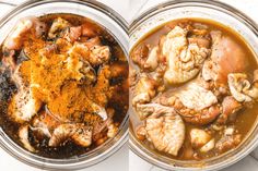 two glass bowls filled with food on top of a white countertop next to each other