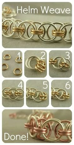 the instructions to make a chain bracelet with gold and silver metal rings on top of each other