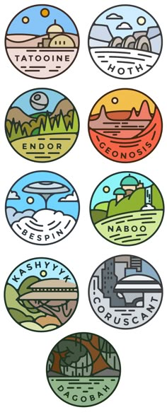 six circular badges with the names of different cities and towns in each one, all on white background