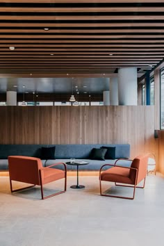 two chairs and a table in front of a wall with wood paneling on it