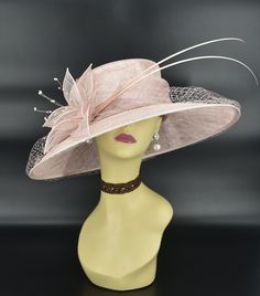 "✿*.Key Features.*✿ Sinamay petal flower with matching color beads and two quills, wide brim cover veil, very beautiful. Great for Kentucky derby, weddings, church, Easter, Royal Ascot, horse races, cocktails, tea party, or any hat wearing occasion. Hat base size: From front to back: 15.5\" (39.5 cm) From left to right: 17.5\" (44.5 cm) Wide brim Appr: 4-6\" Head girth: 22.5\"(57cm), adjustable string inside to make smaller to fit your head. If you want other colors in this style, just search th Handmade Elegant Headpiece For Kentucky Derby, Elegant Handmade Headpieces For Kentucky Derby, Handmade Pinched Crown Hat For Wedding, Elegant Handmade Wedding Costume Hats And Headpieces, Elegant Handmade Top Hat With Short Brim, Elegant Handmade Hats, Elegant Handmade Wedding Costume Hats, Elegant Handmade Wedding Hat, Elegant Handmade Hats For Garden Party