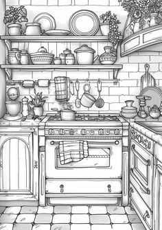 a black and white drawing of a kitchen