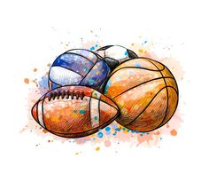 three sports balls with watercolor splashs on white background