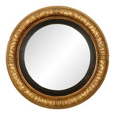 an ornate gold framed mirror with black trimmings on the edges and round frame