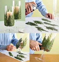 the process for making pine branches in wine glasses is shown here, and then on the table