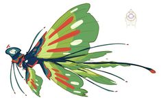 a drawing of a green and red butterfly on a white background with an insect's wing