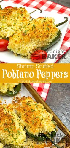 shrimp stuffed poblaano peppers on a white plate with a red and white checkered tablecloth