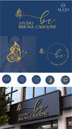 the logo for studio bruna caroline is shown in gold and blue colors, along with