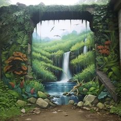 a mural on the side of a building depicting a waterfall and forest scene with birds flying over it