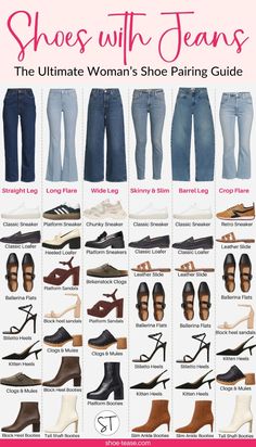 If you're looking to find the right shoes to wear with jeans, or the best jeans and shoes pairings for women, you've come to the right place! Get all the fashion styling inspiration of boots, heels and shoes to wear with jeans of all styles. From wide leg jeans, to skinny jeans, to barrel leg jeans, cropped and long and shoes for straight leg jeans and all the styles in between at shoe-tease.com! Shoes For Straight Leg Jeans, Outfits With Wide Leg Jeans, Shoes To Wear With Jeans, Barrel Leg Jeans, Jeans And Shoes, Jeans With Heels, Shoes Outfit Fashion, Jeans Cropped