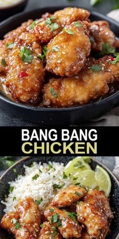 two photos with the words bang bang chicken on them and an image of rice in a bowl