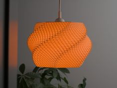 an orange light hanging from a ceiling next to a potted plant