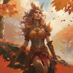 a woman with long hair standing in front of autumn leaves and holding her hands on her hips