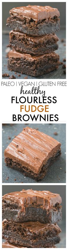 chocolate fudge brownies stacked on top of each other with the title text above it