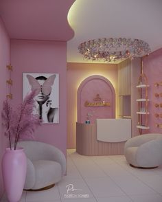 the interior of a pink and white salon