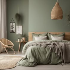 a bedroom with green walls and bedding in the corner, along with a wicker basket hanging from the ceiling