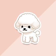 a white poodle sticker sitting on top of a pink and beige wallpaper