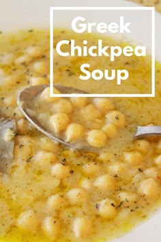 chickpea soup in a white bowl with a spoon