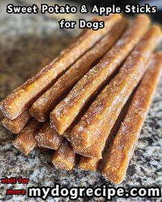 sweet potato and apple sticks for dogs on a granite countertop with text overlay that reads, sweet potato and apple sticks for dogs