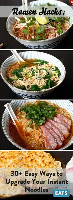 three different bowls filled with noodles and meats